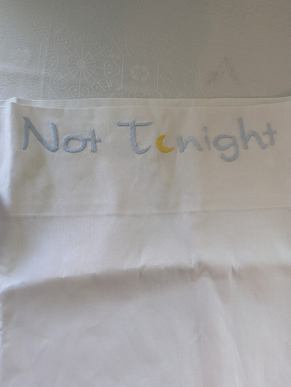 NWT 2 White Linen Standard Pillow Cases w/ Embroidered "Not T🌛night" &"Tonight"